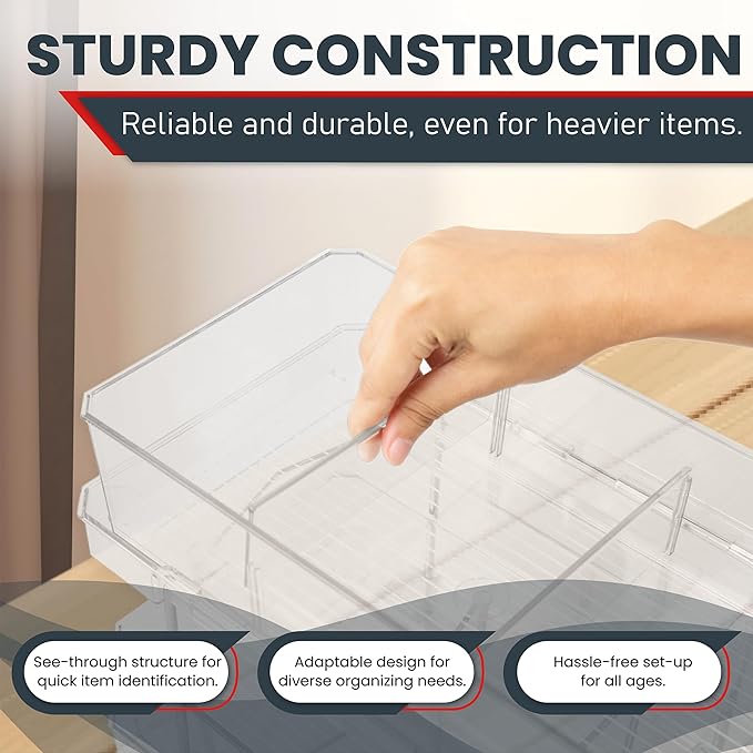 Masirs 2-Tier Clear Pull-Out Drawer Organizer - Sleek, Compact & Sturdy Makeup and Closet Organizer - Easy Assembly Kitchen Storage Solution, Ideal for Makeup, Tools, Medicines & Snacks - Pack of 2