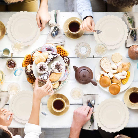 50 Pcs Ivory Scalloped Paper Plates 25 × 7'' and 25 × 9'' Disposable Ivory Scalloped Dinner Plates for Wedding Baby Shower Birthday Party Disposable Dessert Plate