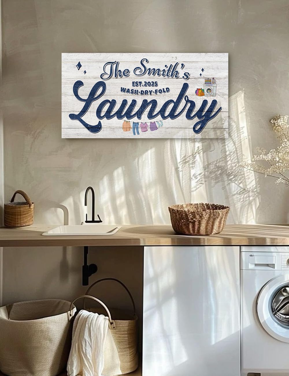 IPIC - Personalized Laundry Room Sign, Custom Canvas Wall Art with Family Name, Rustic Home Decor Printed Acid-Free Cotton Canvas for Business and Home, Made in USA and Ready to hang for Laundry Decor
