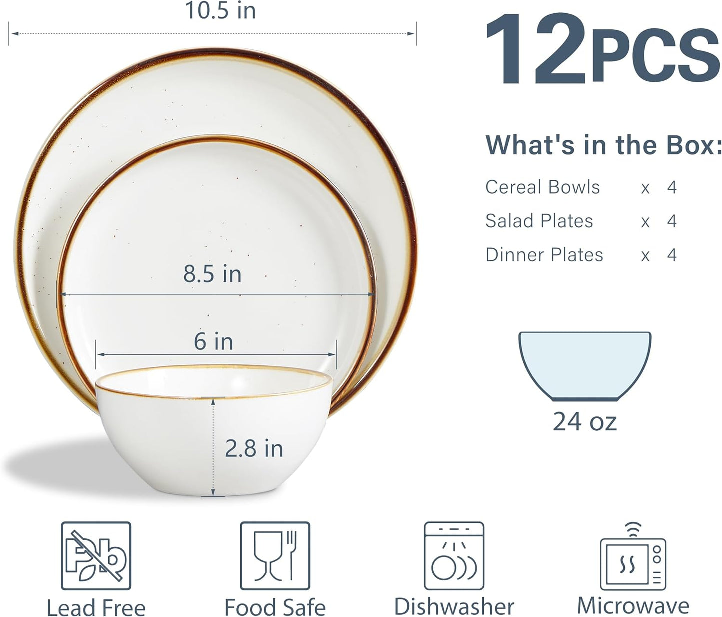 ONEMORE Plates and Bowls Set, Dinnerware Sets for 4, Porcelain Kitchen Dishes Set 12pcs, Scratch Resistant, Modern Aesthetic Dishware Sets- Microwave & Dishwasher Oven Safe,Farmhouse Style Cream White