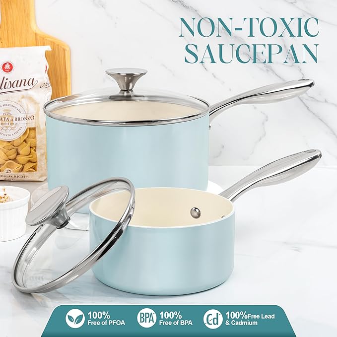 MICHELANGELO Sauce Pan with Lid, Non Stick Saucepan Set of 3-1Qt & 2Qt & 3Qt Small Pots for Cooking, Ceramic Saucepan - Non-Toxic, Scratch-Resistant, Oven Safe, Light Blue