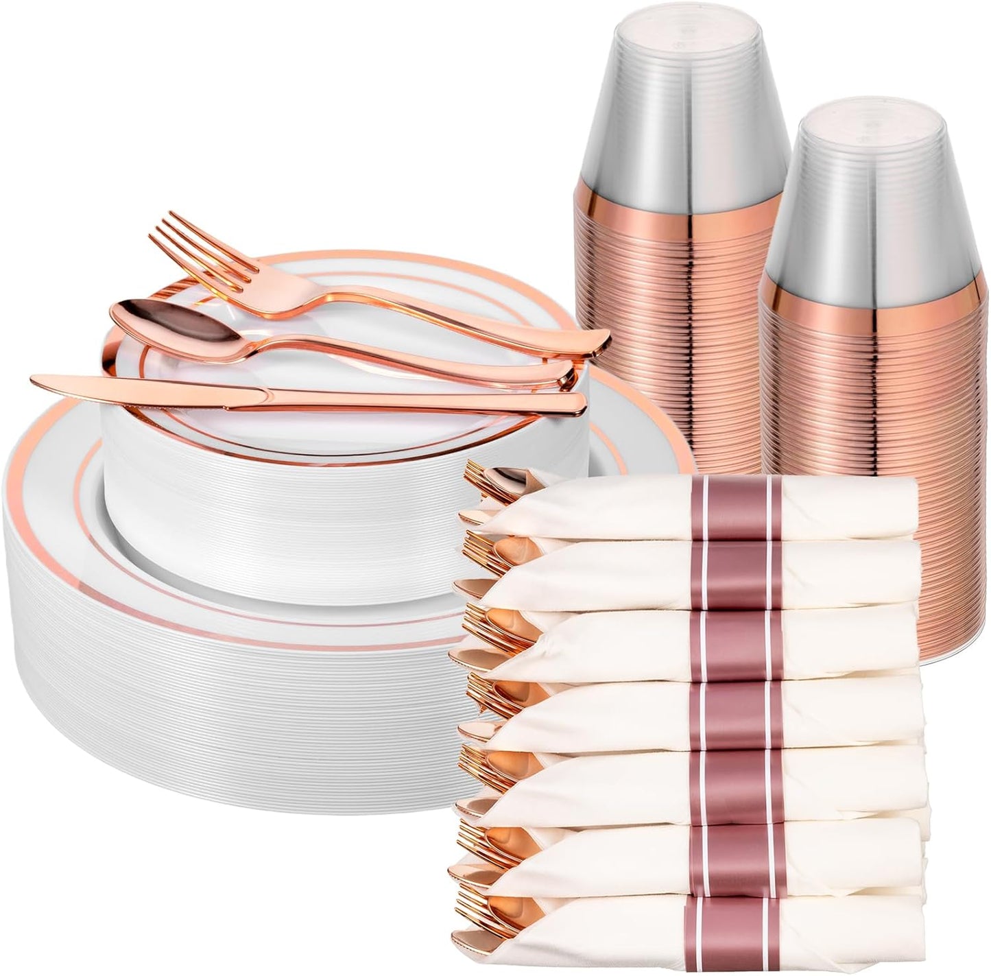 350 PCS White and Rose Gold Plastic Dinnerware Set for 50 Guests, 100 Plates for Party, 50 Pre Rolled Napkins with Gold Silverware, 50 Cups
