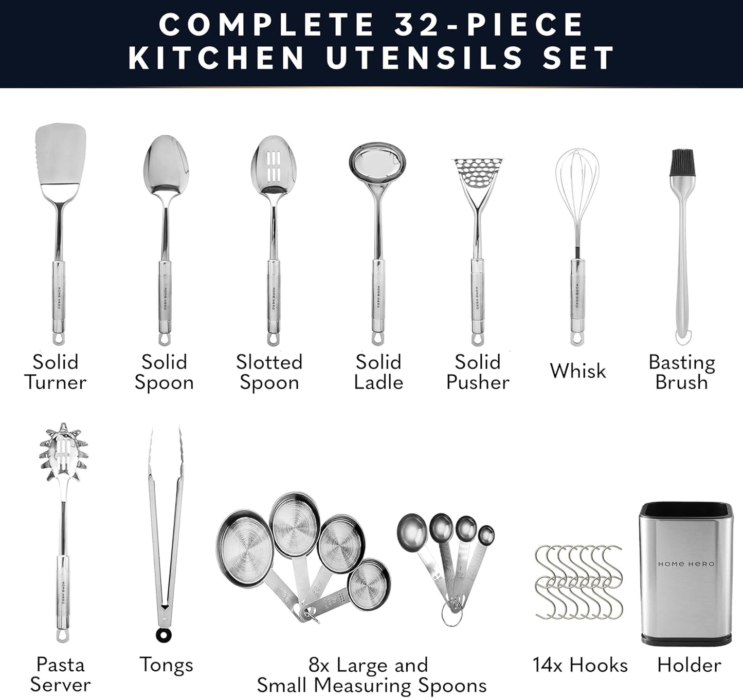 Home Hero 32-Piece Stainless Steel Kitchen Utensil Set - Heat-Resistant Nonstick Silicone Tools - Durable Stainless Steel Cooking Tools - Measuring Cups & Spoons with Holder - 32 Pc, Silver