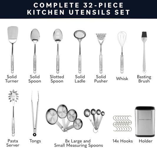 Home Hero 32-Piece Stainless Steel Kitchen Utensil Set - Heat-Resistant Nonstick Silicone Tools - Durable Stainless Steel Cooking Tools - Measuring Cups & Spoons with Holder - 32 Pc, Silver