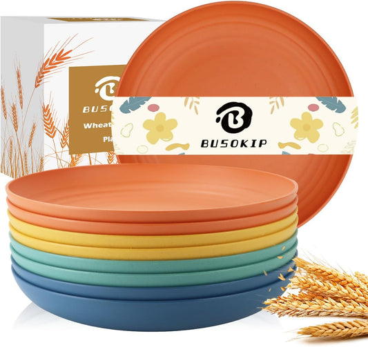 Wheat Straw Plate 9 Inch, Deep Dinner Plates Set of 8, Unbreakable Plastic Plate Reusable, Microwave & Dishwasher Safe Kitchen Plates for Camping, Picnic, Travel, Outdoor (Multi Colors)