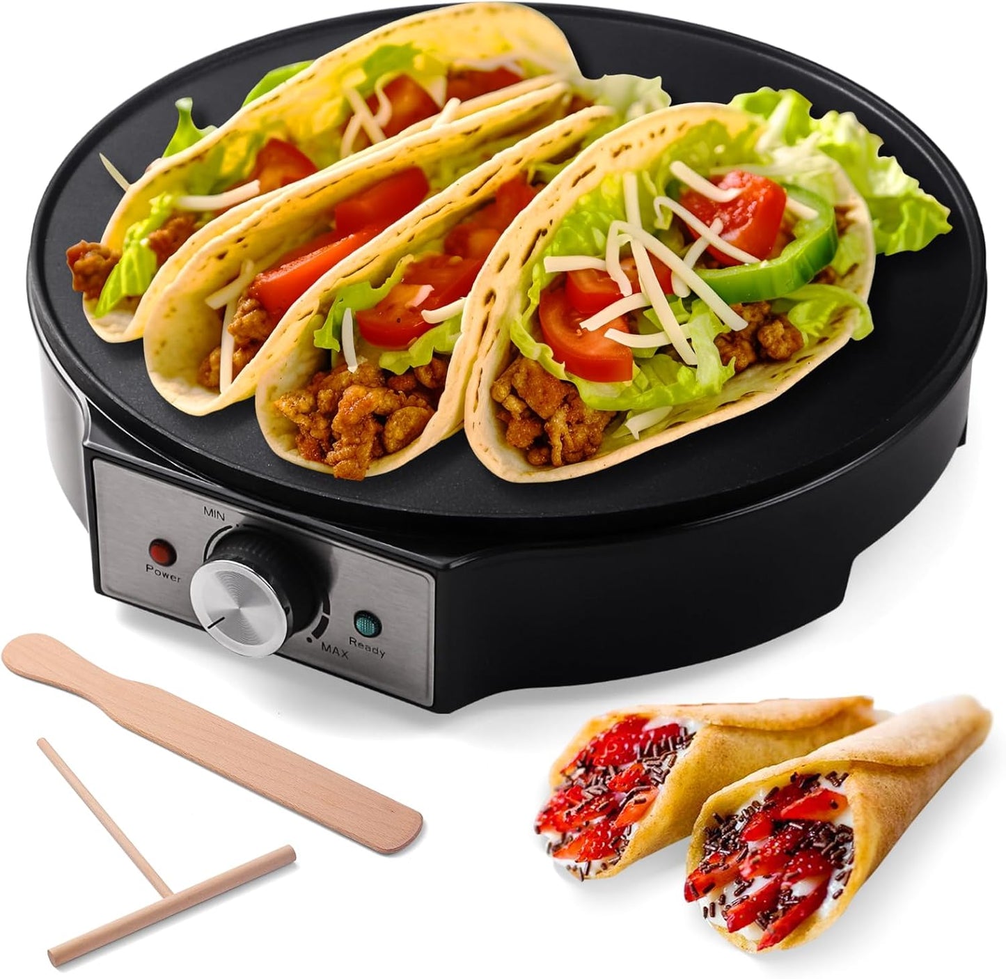Electric Crepe Maker 12'' & Griddle - Non-Stick Pan With Spreader for Roti, Tortilla, Blintzes, Pancakes - Adjustable Temperature, 1000W
