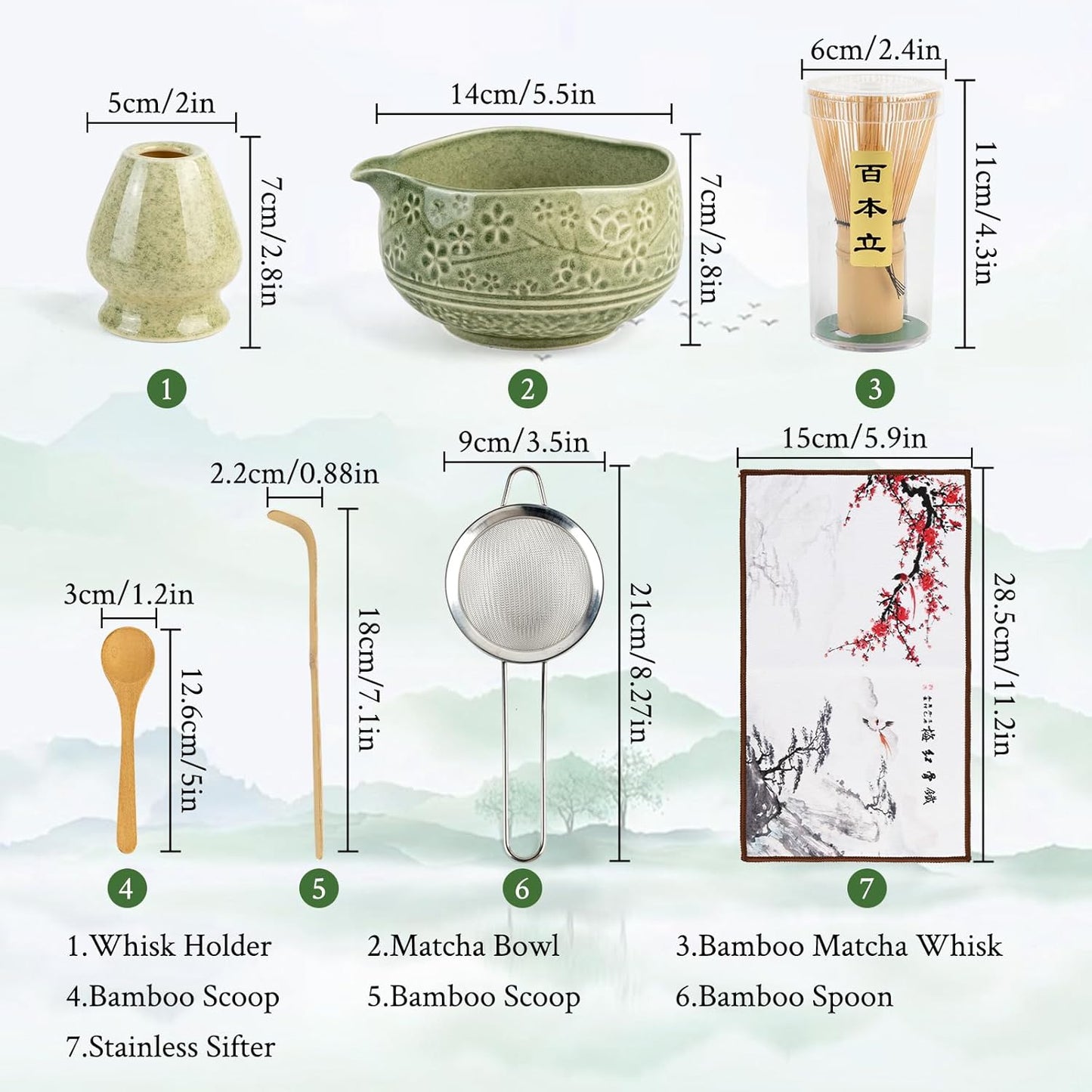 Matcha Whisk Set - Ceramic Matcha Set Includes Matcha Bowl, Whisk and Holder, Bamboo Scoop, Scoop Rest, Sifter and Tea Towel - 7 Pcs Ceremonial Gift Kit for Matcha Lovers (Floral Green)