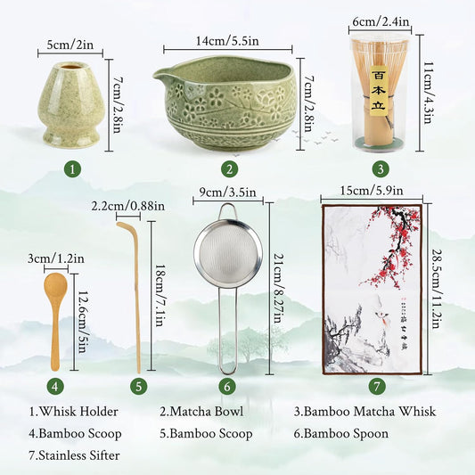Matcha Whisk Set - Ceramic Matcha Set Includes Matcha Bowl, Whisk and Holder, Bamboo Scoop, Scoop Rest, Sifter and Tea Towel - 7 Pcs Ceremonial Gift Kit for Matcha Lovers (Floral Green)