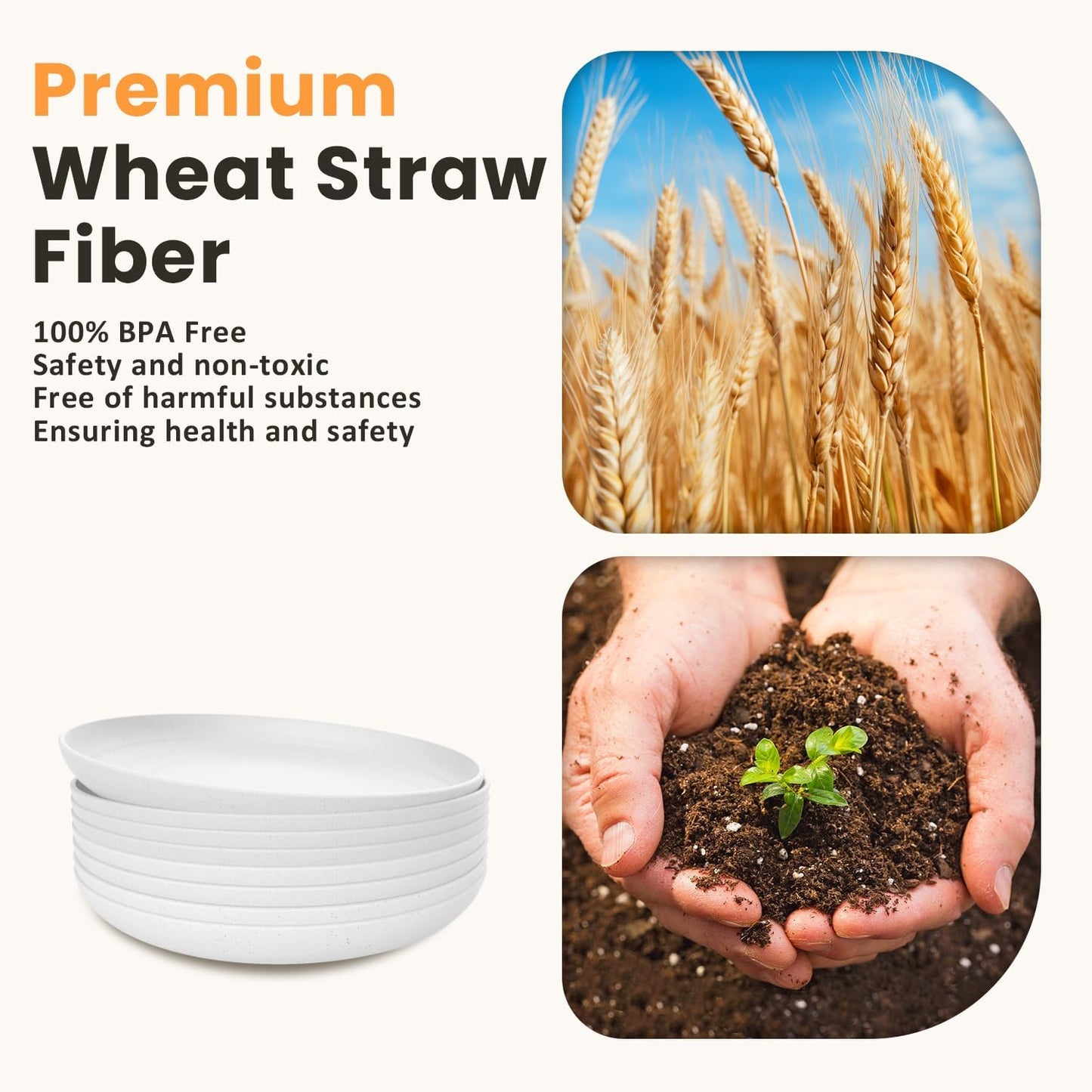 Homienly Deep Dinner Plates, Wheat Straw Plates 10 inch Set of 8, Unbreakable Plates for Kitchen, Kids, Lightweight Microwave and Dishwasher Safe Camping Plate Set for Salad, Dinner, Fruit - White