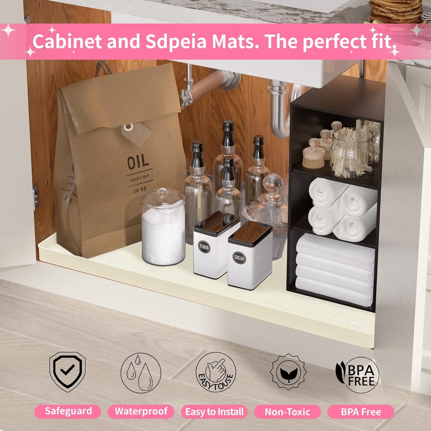 Sdpeia Under Sink Mat for [31" x 22"] Cabinet, Upgraded Silicone Waterproof Mat Kitchen Cabinet Liner Cabinet Protector Kitchen Organizers and Storage