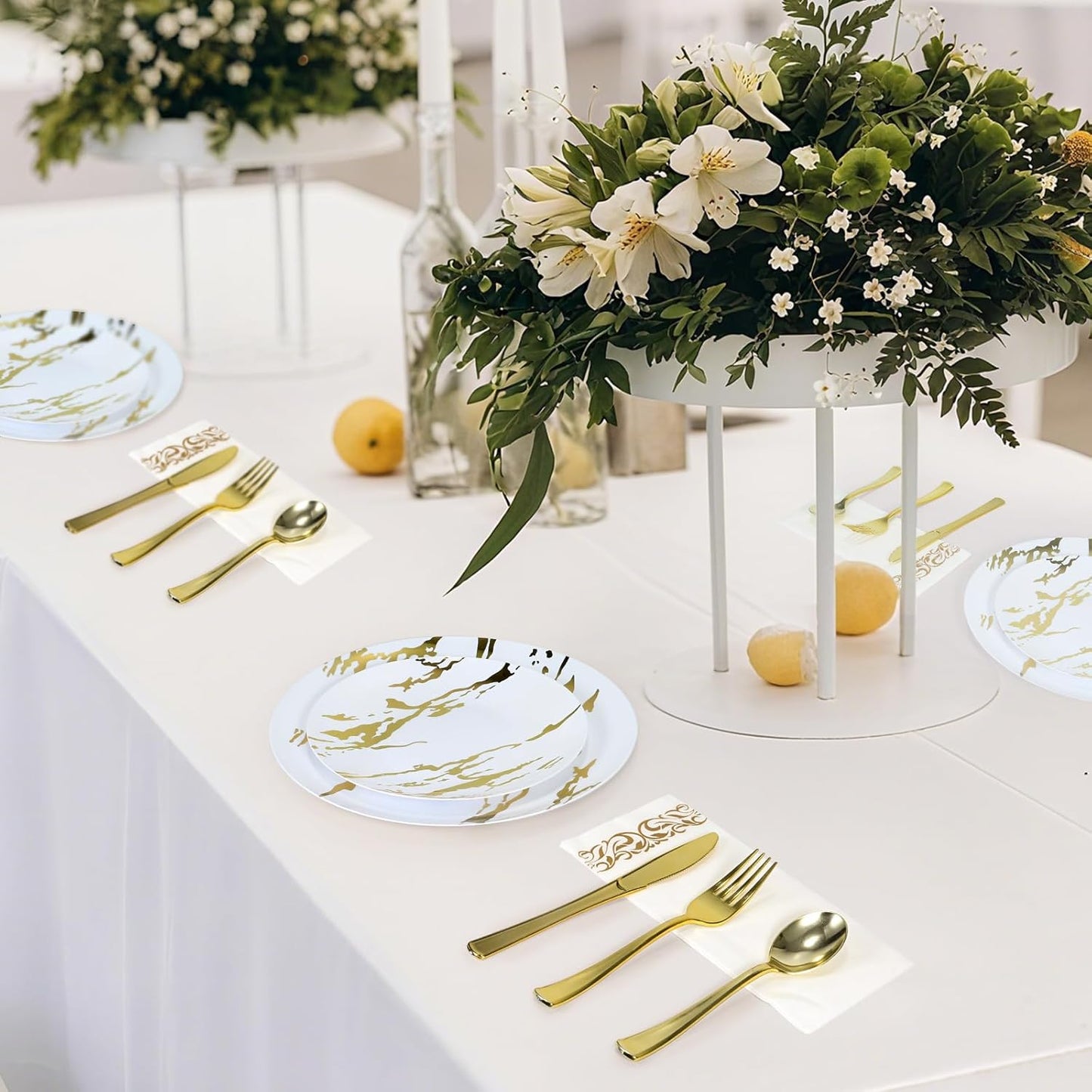 175pcs Gold Plastic Dinnerware Set – Elegant Disposable Plates, Cups, Utensils & Napkins for Wedding, Party, Birthday, Graduation