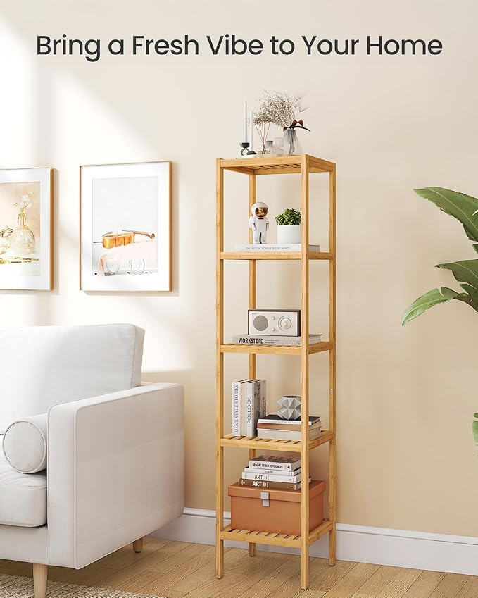 SONGMICS Bamboo Storage Shelf, 5-Tier Shelving Unit, Multifunctional, in the Entryway, Bathroom, Living Room, Balcony, Kitchen, 13 x 13 x 57.5 Inches, Light Bamboo UBCB55Y