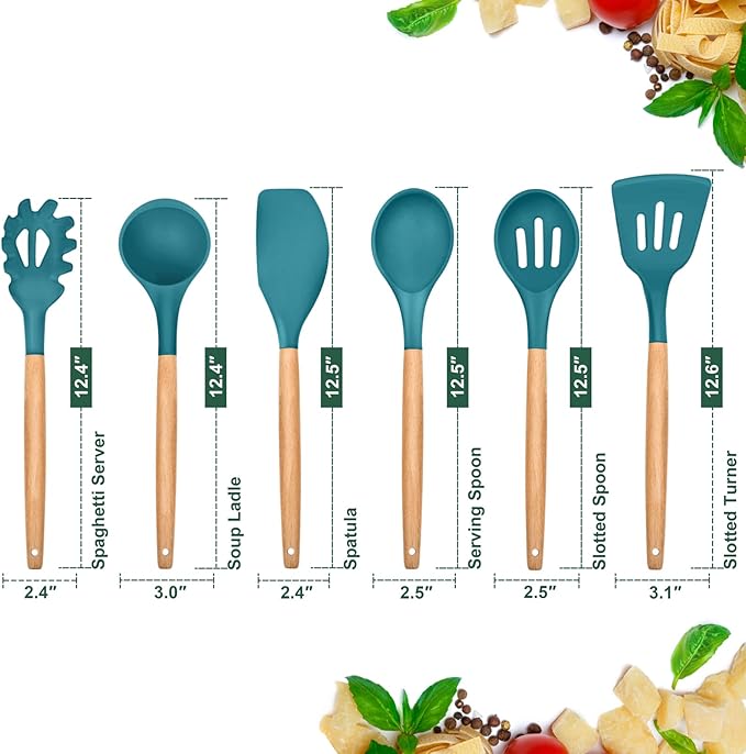 Kitchen Utensils Set of 6, E-far Silicone Cooking Utensils with Wooden Handle, Non-stick Cookware Friendly, Includes Spatula/Ladle/Slotted Turner/Serving Spoon/Spaghetti Server(Teal Blue)