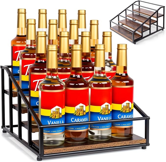 Coffee Syrup Organizer Rack, Liquor Bottle Display Shelf, 4 Tier 16 Syrup Bottles Holder Stand for Coffee Bar Kitchen Small Wine Rack for Family Storage for Syrup Wine Dressing