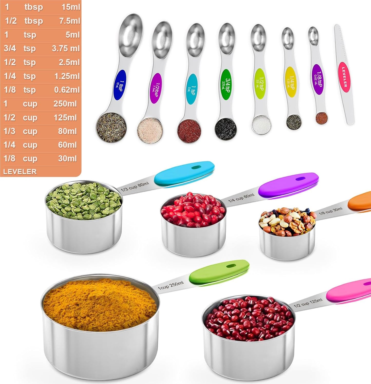 13PCS Magnetic Measuring Cups and Spoons Set - 7 Double-Sided Stainless Steel Magnetic Measuring Spoons & 1 Leveler + 5 Stainless Steel Measuring Cups - Kitchen Baking Tools for Cooking
