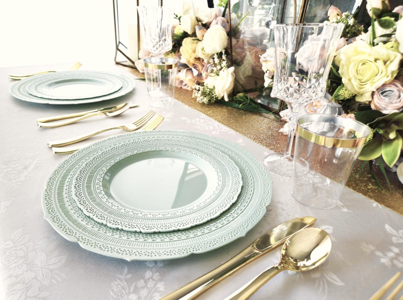 " OCCASIONS " 320pcs set (40 Guests) Extra Heavyweight Vintage Wedding Disposable/Reusable Plastic Plates -40x11'' + 40x8.25''+Silverware+Cups+Napkins (Chateau in Mint)