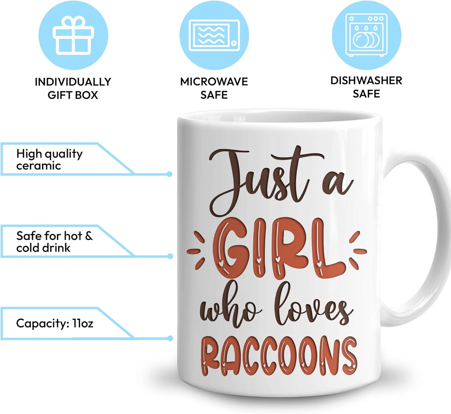 Hyturtle Personalized Gifts Raccoon Lover - Just A Girl Who Loves Raccoons Custom Name Ceramic Coffee Mug Cup 11oz - Idea Cute Animal Lover Gifts For Women, Girl Daughter On Birthday, Christmas