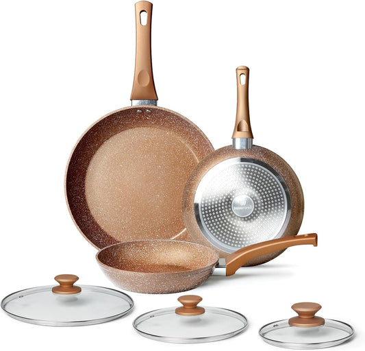 Healthy Nonstick Granite Cookware Set - 3 Pcs, Induction Skillets With Lids, PFOA Free, No Toxic Egg Omelette Frying Pan