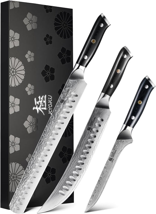 KYOKU Knife Set, 3pc Japanese Kitchen Knife Set for Cooking, 7" Boning 12" Slicing 10" Scimitar Knife with Silver Ion Blade Sheath Gift Box, Professional Sharp Damascus Stainless Steel Knives