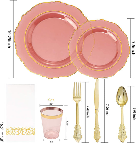 KIRE 210Pcs Clear Pink Plastic Plates with Gold Rim - Disposable Gold Silverware &Pink Cups&Hand Napkin - Plum Colored Plastic Dinnerware for Upscale Wedding