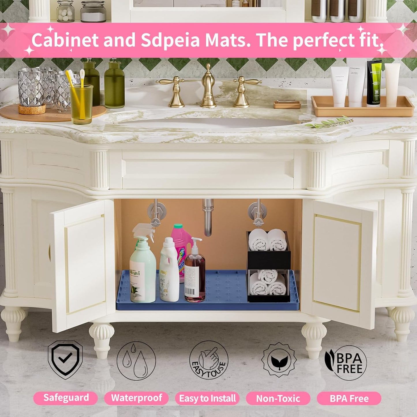 Sdpeia Under Sink Mat for [22" x 19"] Cabinet, Upgraded Silicone Waterproof Mat Kitchen Cabinet Liner Cabinet Protector Kitchen Organizers and Storage