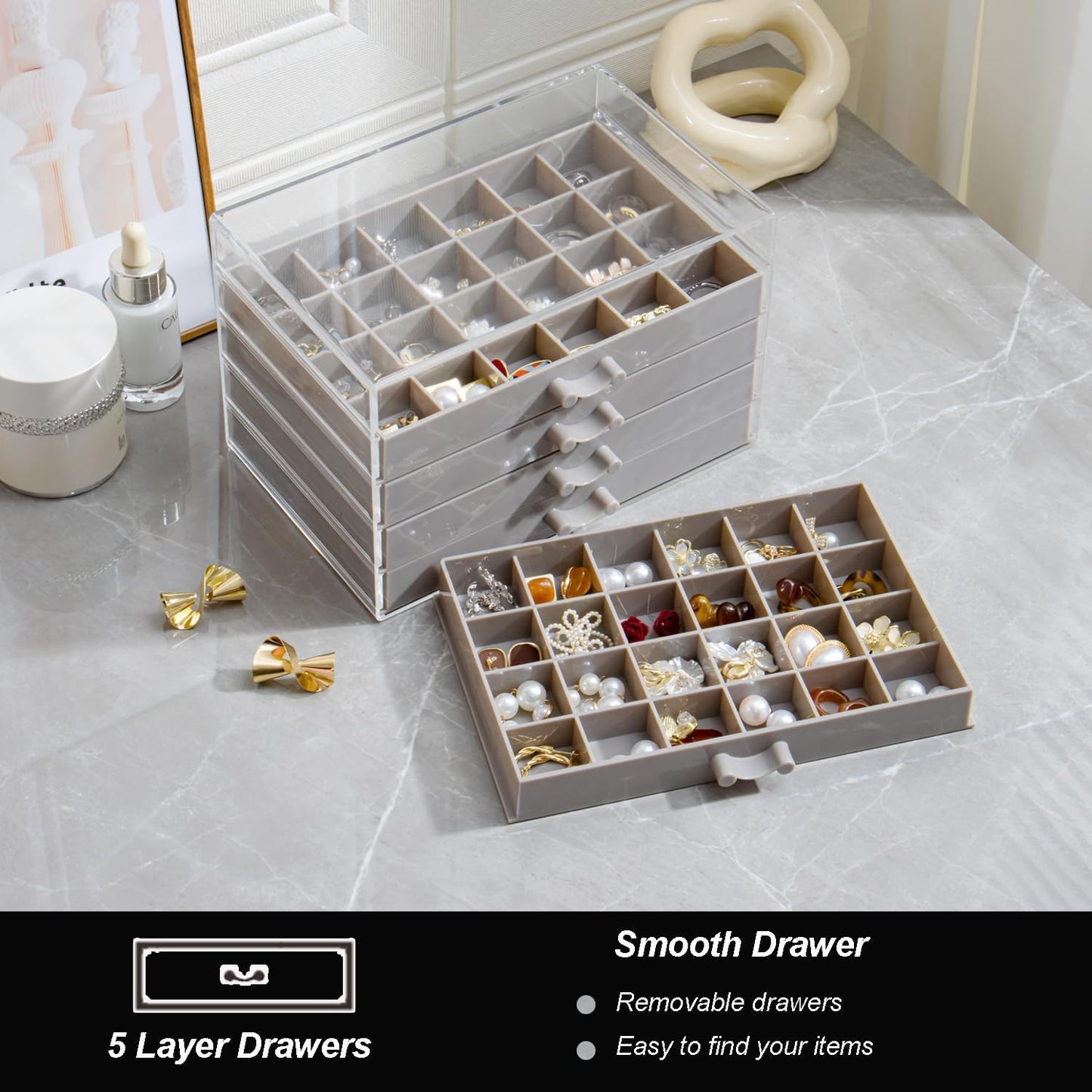 Earring Storage Box Organizer, Acrylic Jewelry Storage Box Holder 5 Drawers Transparent Jewelry Display Stand with 120 Small Compartments Gift Boxes for Women Girls (Gray)