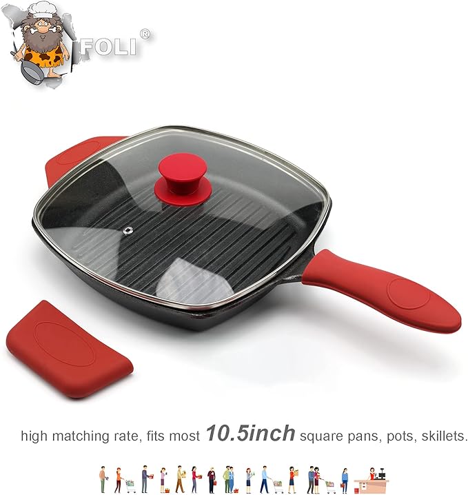FOLI Square Glass Lid for Grill Pans with Steam Vent Hole - Fits Lodge Cast Iron Skillets 10.5inch/26.67cm Silicone Potholder- Square Tempered Glass Lid - Universal Replacement Cover Silicone Knob