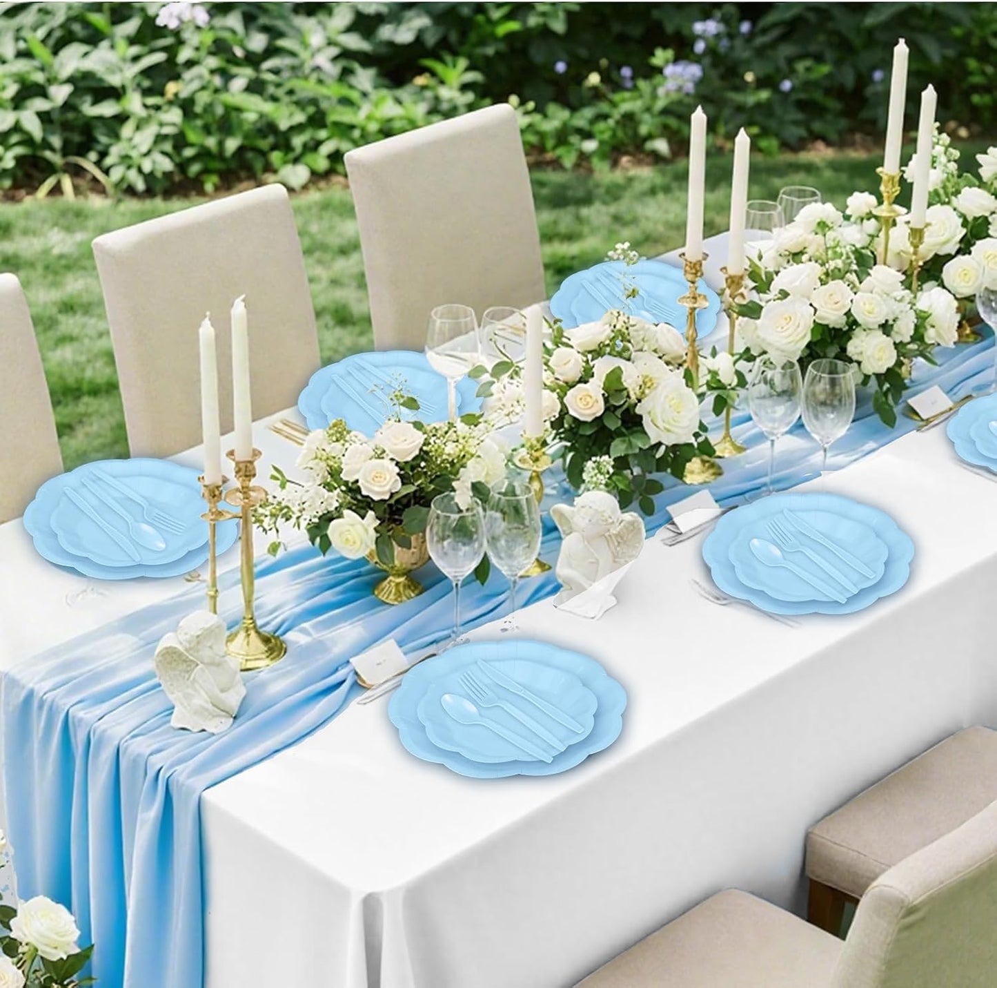 350 Pcs Light Blue Party Supplies Include Scalloped Plate Napkin Cup Forks Knives, Plastic Cutlery 50 Guest Disposable Party Tableware Set for Wedding Baby Shower Bridal Shower Birthday Parties