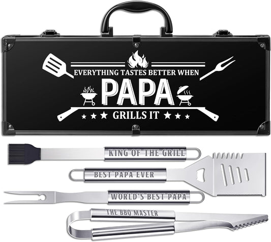 Papa Gifts, Grilling Accessories, Heavy Duty Stainless Steel Grill Set BBQ Grill Tools for Outdoor Grill with Aluminum Case, Papa Grill Utensils Ideal Christmas Grilling Gift for Men(Black)