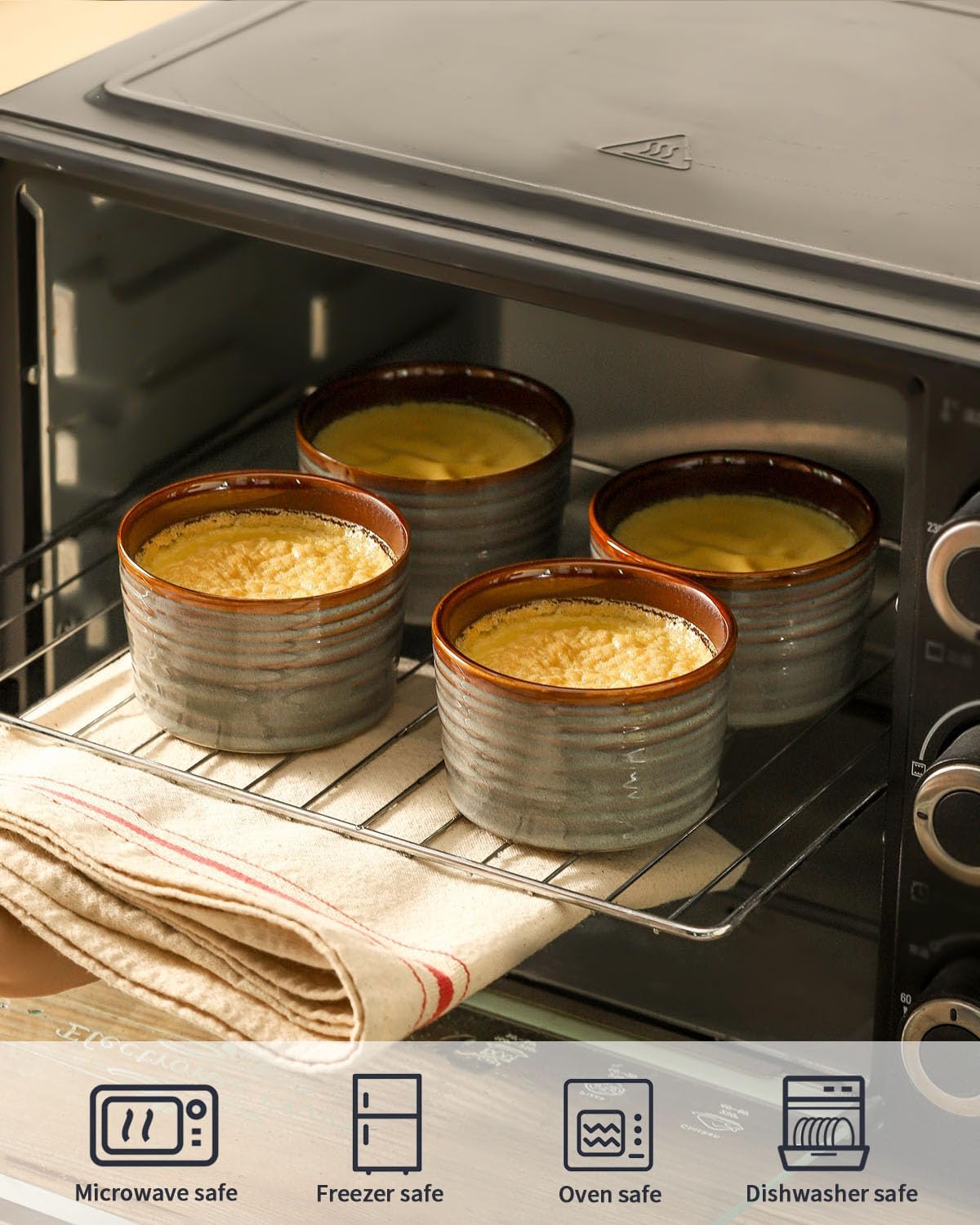 Hasense Creme Brulee Ramekins Oven Safe, 8 Ounce Ceramic Souffle Dish Set of 6, Small Dipping Sauce Bowls for Pudding, Souffle, Serving Dip, Custard, Ice Cream, Light Grey