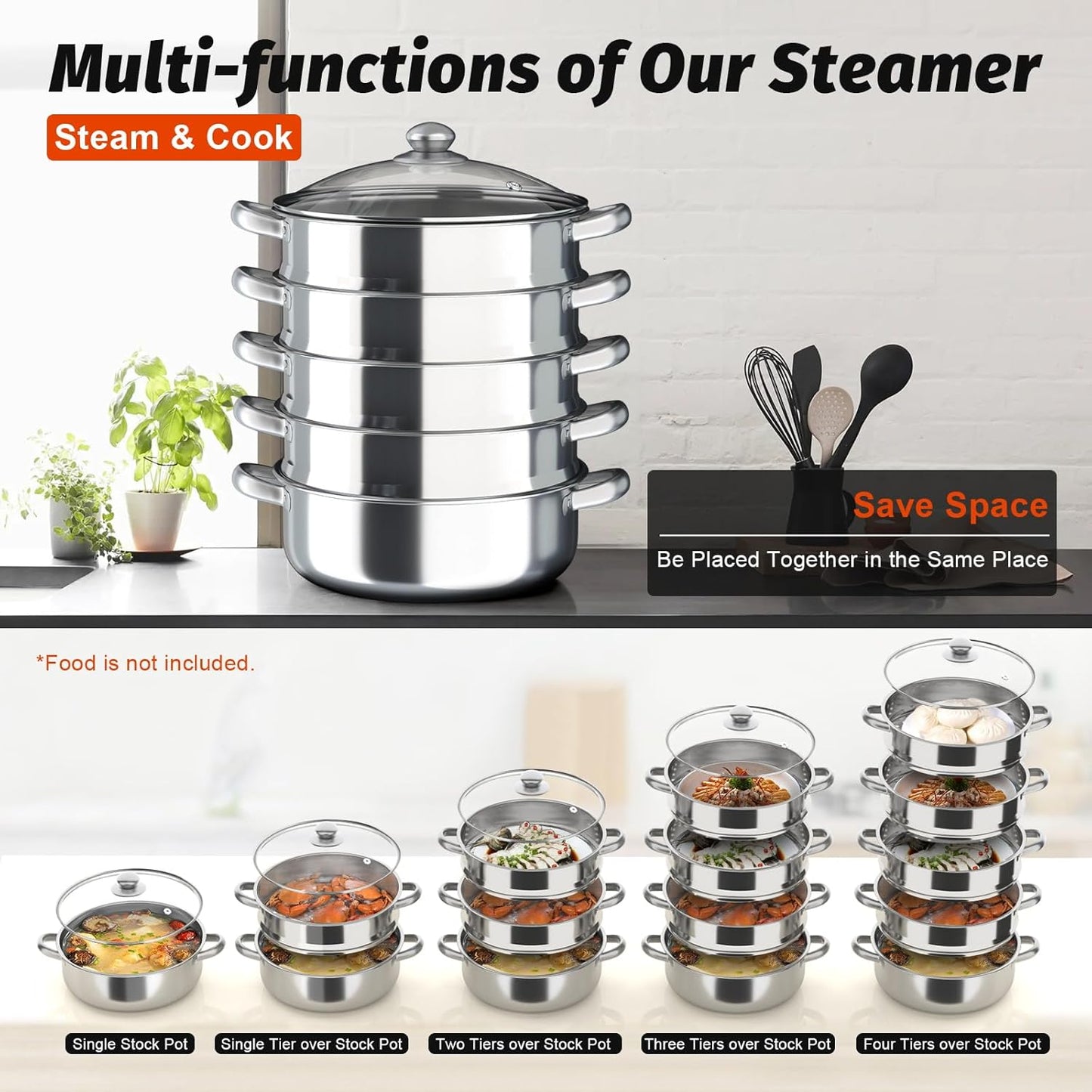 5 Tier Stainless Steel Steamer Cookware Pot with Glass Lid - 26/28/30cm for Home & Restaurant