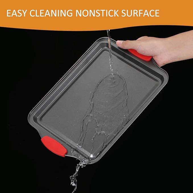 3-Piece Baking Pan Set - Nonstick Cookie Sheets with Silicone Handles, Carbon Steel Bakeware for Oven, Stackable Baking Trays Set - Home Kitchen Bakeware