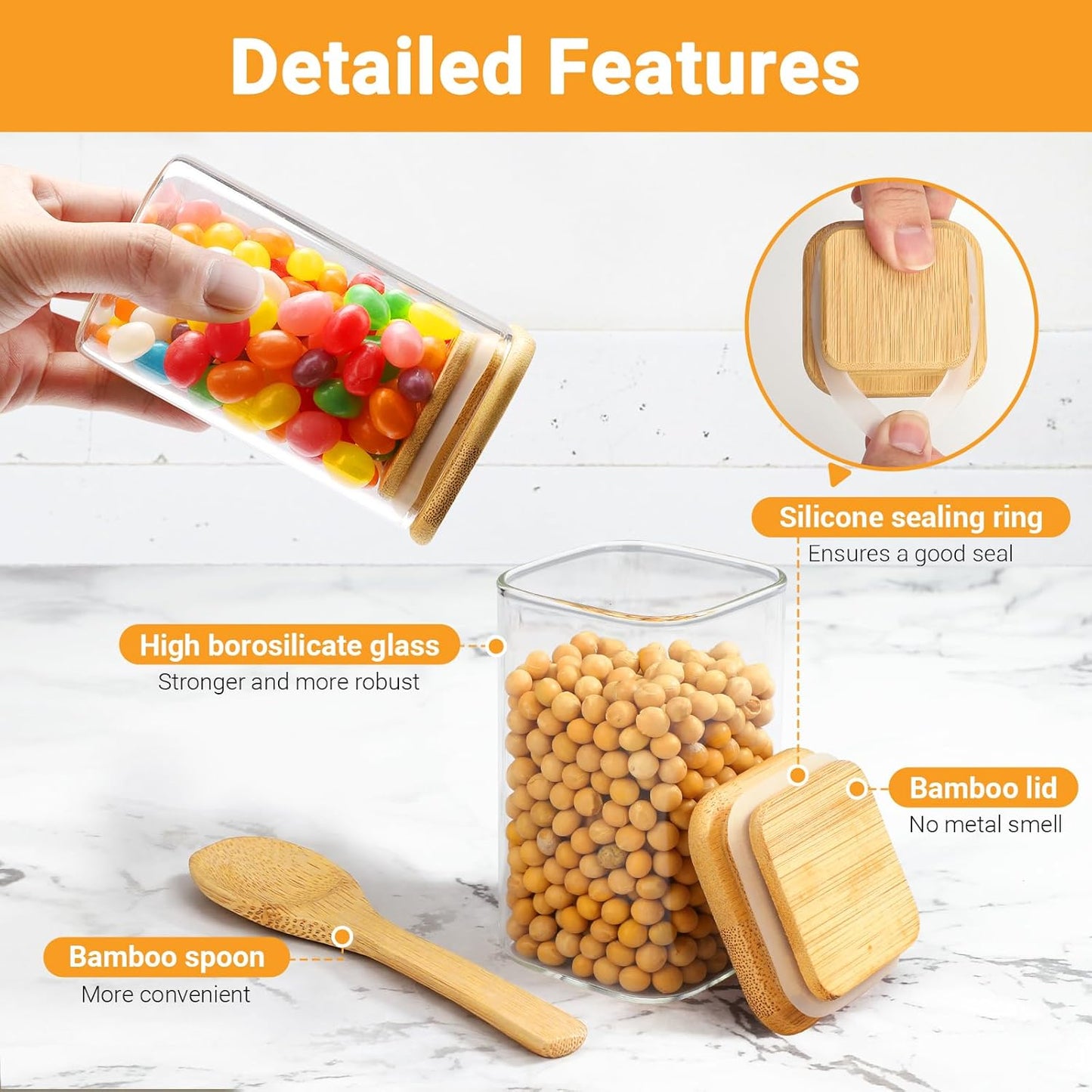 Square Glass Storage Jars Set of 2, 8 Fl.oz Glass Containers with Bamboo Lids, Clear Spice Jars Kitchen Pantry Canister for Candy Sugar Coffee Tea Oats - Included Labels, Spoon and Marker