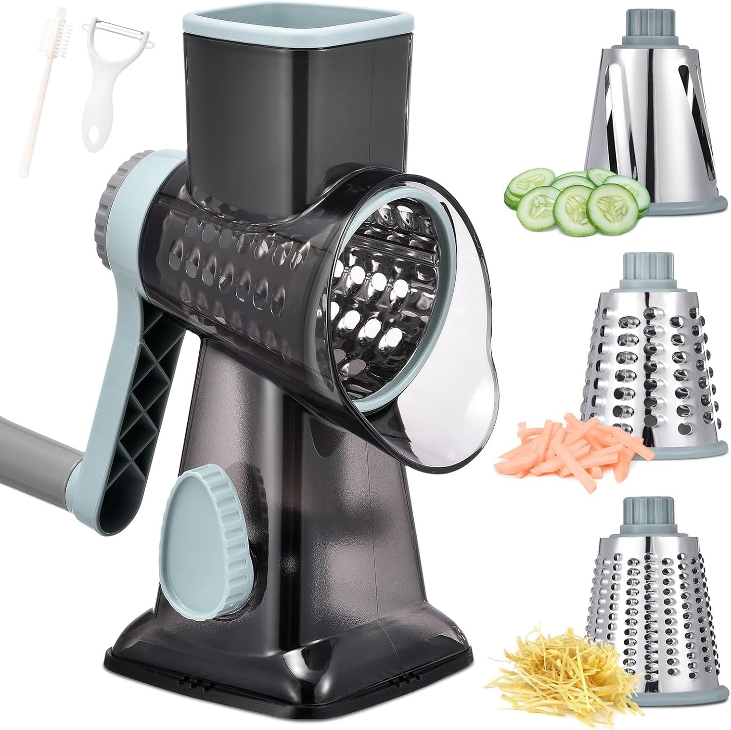 Rotary Cheese Grater with Handle Kitchen Shredder Slicer Grater Slicer Ice Shaver Cheese Vegetable Nuts Potato Zucchini Chocolate 3 Interchangeable Blades