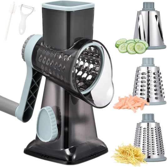 Rotary Cheese Grater with Handle Kitchen Shredder Slicer Grater Slicer Ice Shaver Cheese Vegetable Nuts Potato Zucchini Chocolate 3 Interchangeable Blades