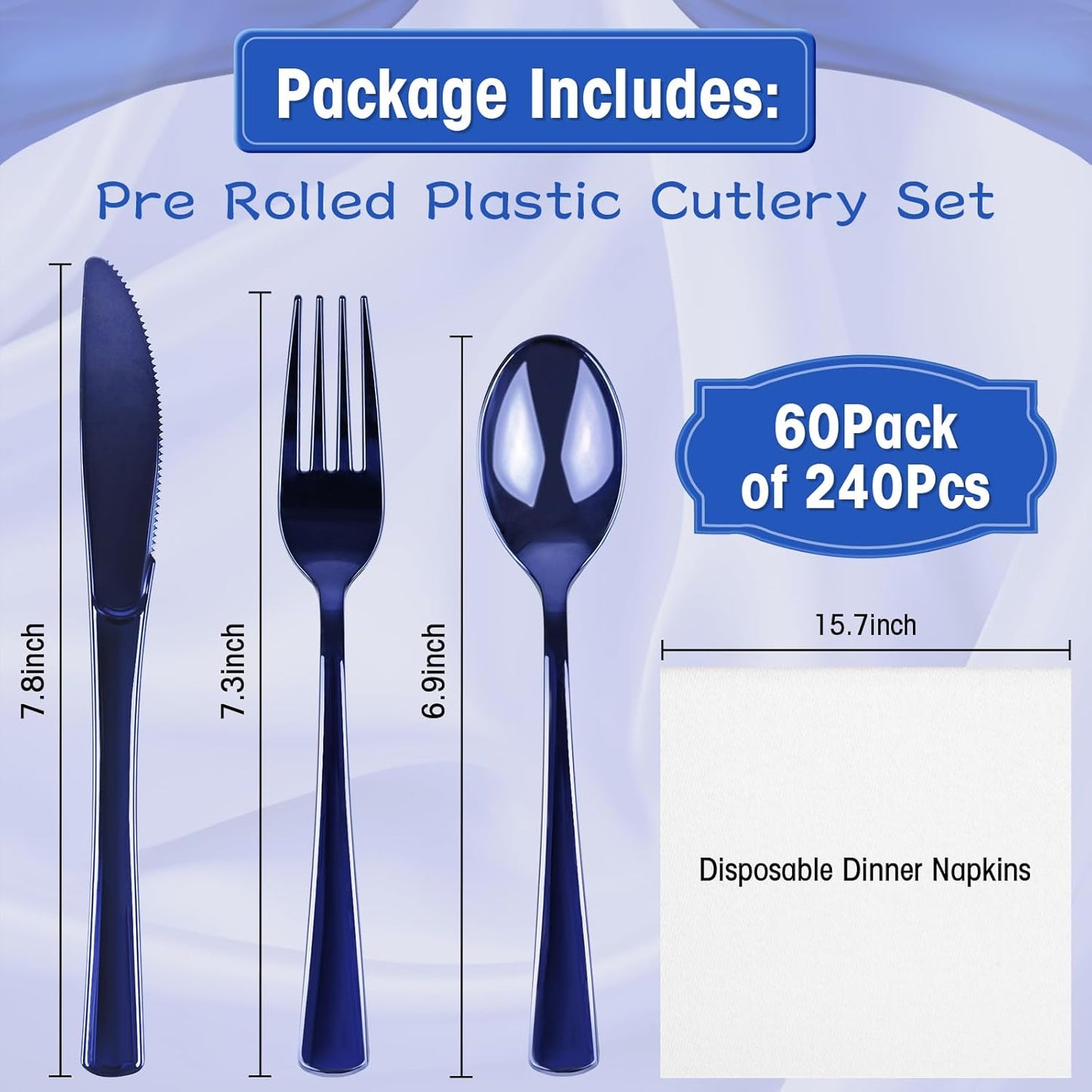 60Pack Blue Pre Rolled Plastic Silverware - Wrapped Blue Disposable Cutlery with Napkins, Heavy Duty Rolled Plastic Silverware Set, Disposable Utensils with Dinner Napkins for Party