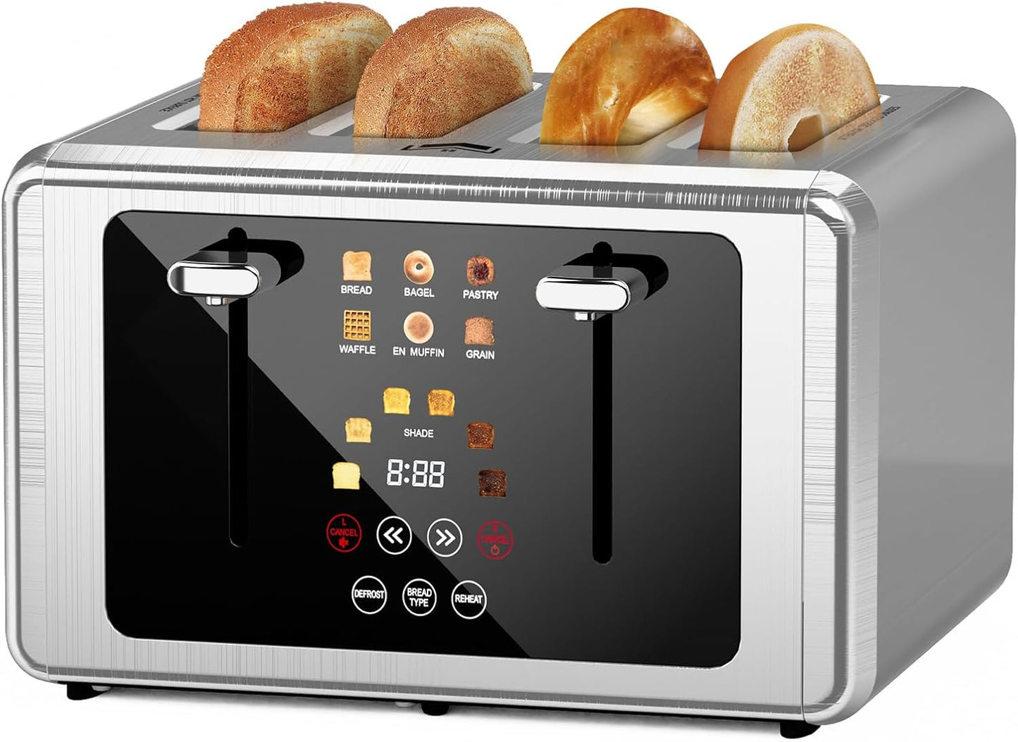 4 Slice Toaster, Touchscreen & Dual Independent Control Panel,Digital Countdown Toasters, 6 Shade Settings＆6 Bread Types, Smart Mute/Screen-Off,Silver