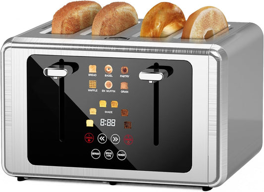 4 Slice Toaster, Touchscreen & Dual Independent Control Panel,Digital Countdown Toasters, 6 Shade Settings＆6 Bread Types, Smart Mute/Screen-Off,Silver