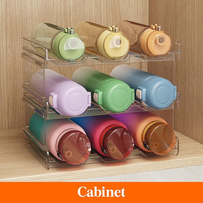 Lifewit Stackable Water Bottle Organizer for Cabinet, Water Bottle Holder, Kitchen Pantry Organization and Storage, Plastic Fridge Wine Racks, Tumbler Travel Mug Cup Holder, 3Pack, Hold 9 Bottles