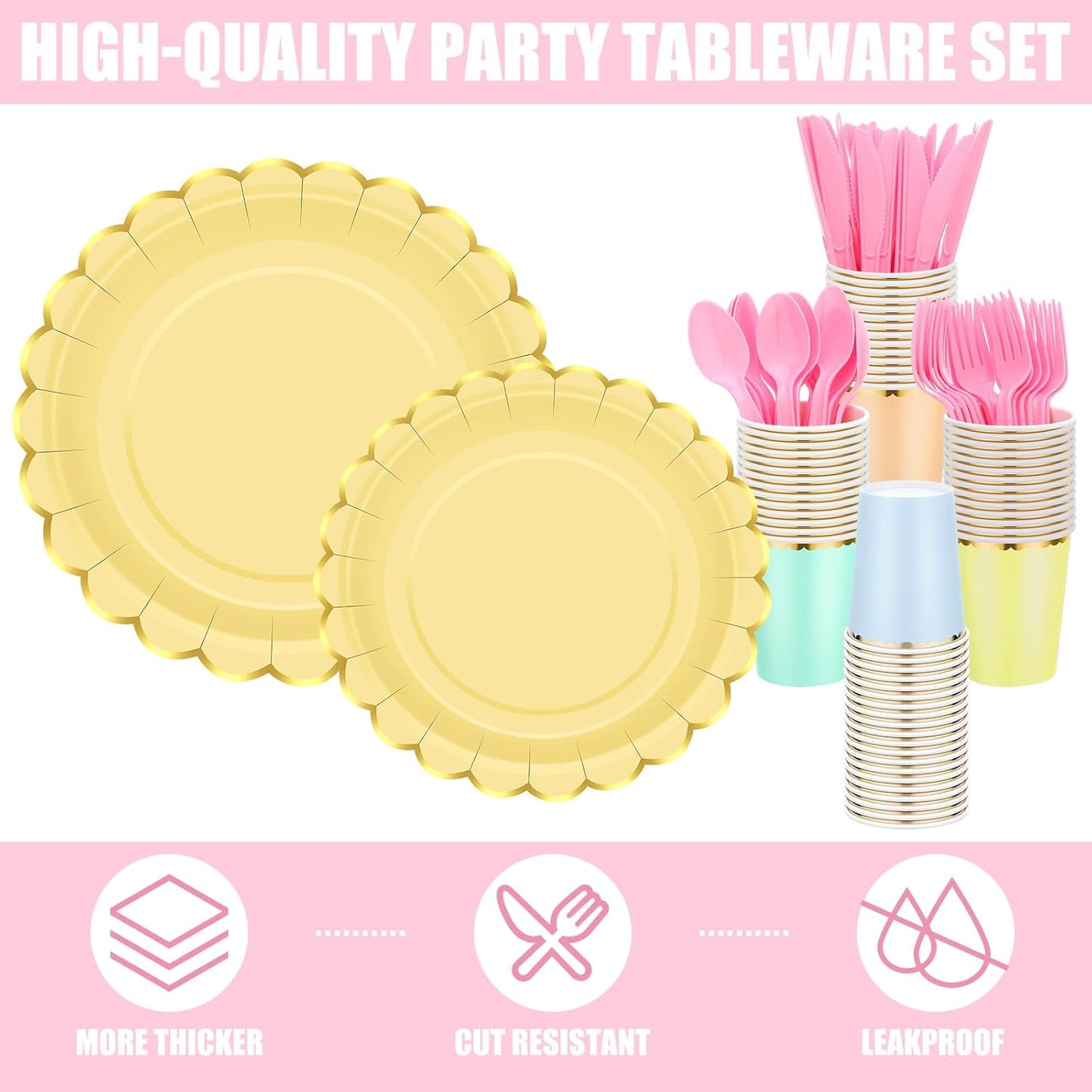 Yaomiao 168 Pcs Pastel Scalloped Paper Plates Cups Napkin with Gold Foil Macaron Colored Disposable Dinnerware Set Serve 24 Guests Princess Birthday Party Baby Shower Decorations(Multicolor,Round)