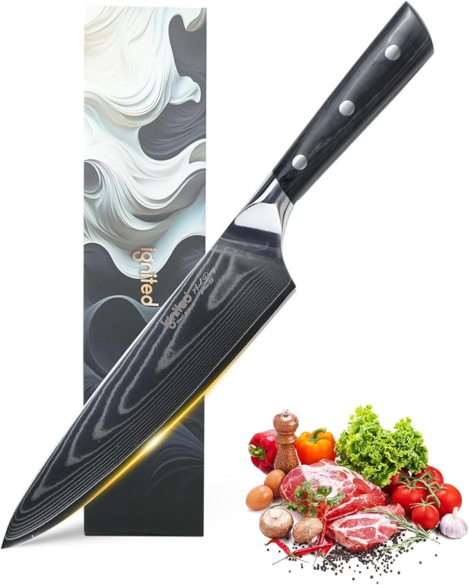 Damascus Chef Knife 8 Inch, Professional Chefs Knife With Japanese Aus-10 High Carbon Stainless Steel, Japanese Chef Knife With Black Pakkawood Handle, Chef's Kitchen Cutting Knife