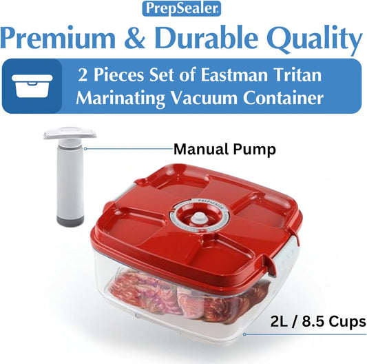 PrepSealer Marinating Vacuum System Container-Makes Food Tastier, Juicier, Healthier and More Tender (2 Liter, Square Shape, Tritan Material, Red Color, Manual Hand Pump Included)