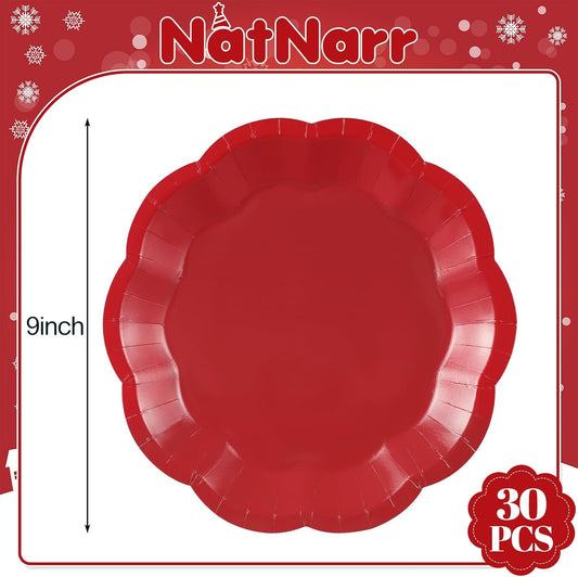 30pcs Christmas Paper Plates 9 Inch Red Scalloped Paper Plates Disposable Xmas Dinner Plate for Christmas,Weeding, Birthday, Baby Shower