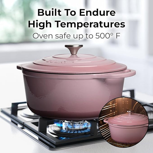 Zulay Kitchen 6 Quart Enameled Cast Iron Dutch Oven Pot with Lid – Premium Durability & Oven Safe up to 500°F – Heavy Duty Cookware Perfect for Bread Baking, Stews, Braising & Roasting – Pink