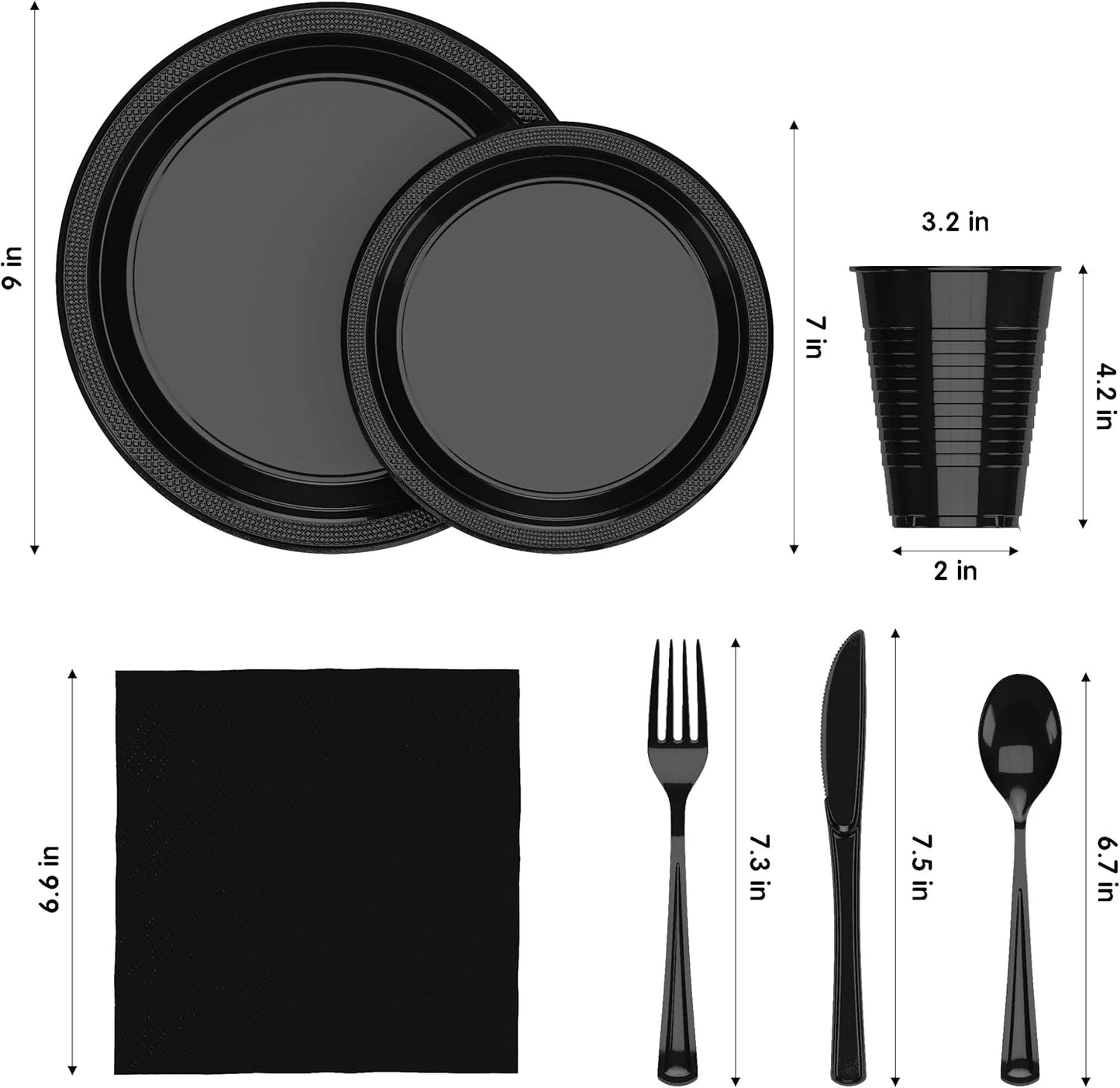 Party Solids 350 Pieces Black Plastic Plates For Party, Black Disposable Plates Set, 50 Of Each 9" Dinner Plate Set, 7" Dessert Plate, Cups, Napkins & Cutlery Plastic Dinnerware