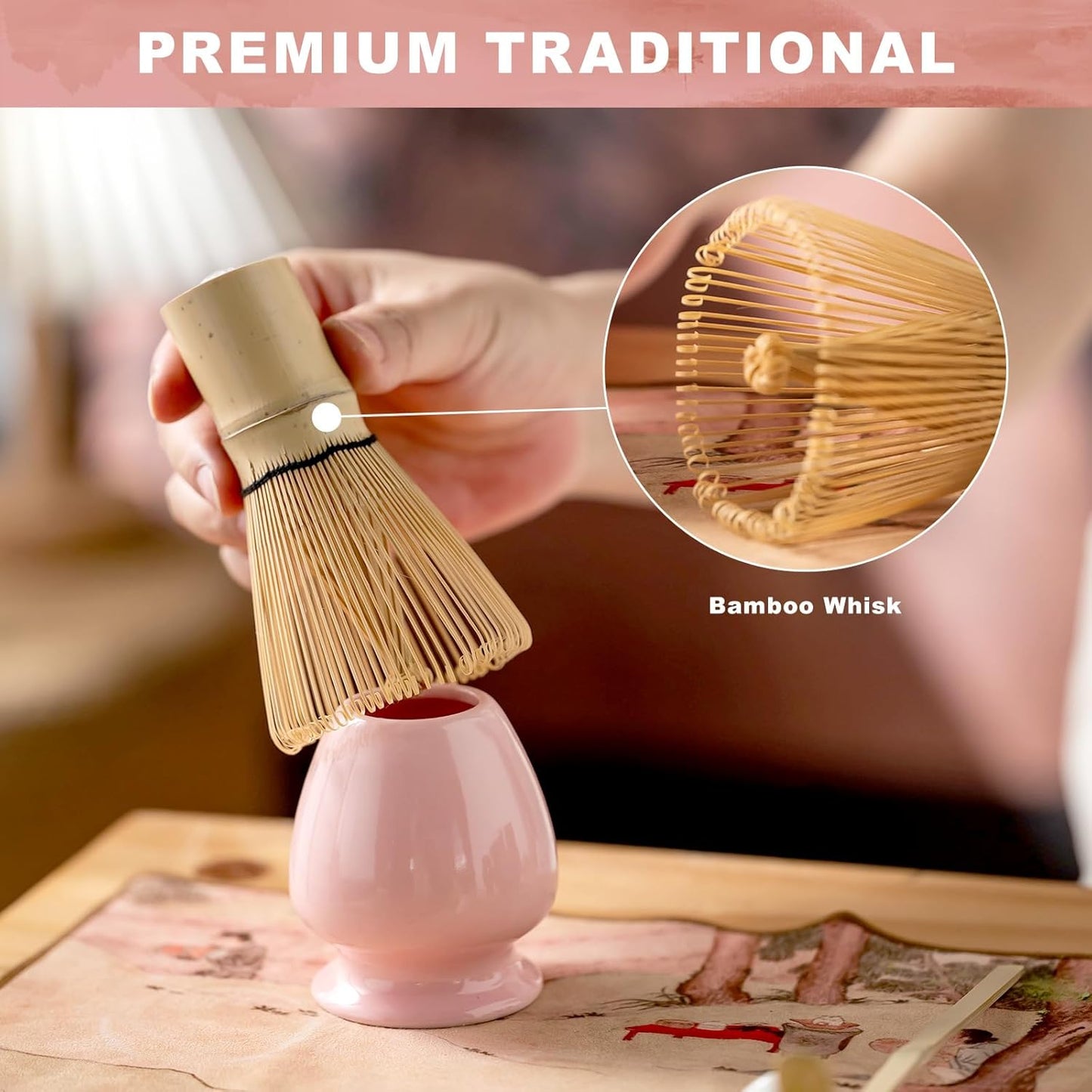 Matcha Whisk Set,Includes Ceramic Matcha Bowl, Bamboo Matcha Whisk and Holder, Bamboo Scoop and Spoon, Scoop Rest, Sifter and Tea Towel,Traditional Japanese Matcha Tea Ceremony Set Gift(pink)