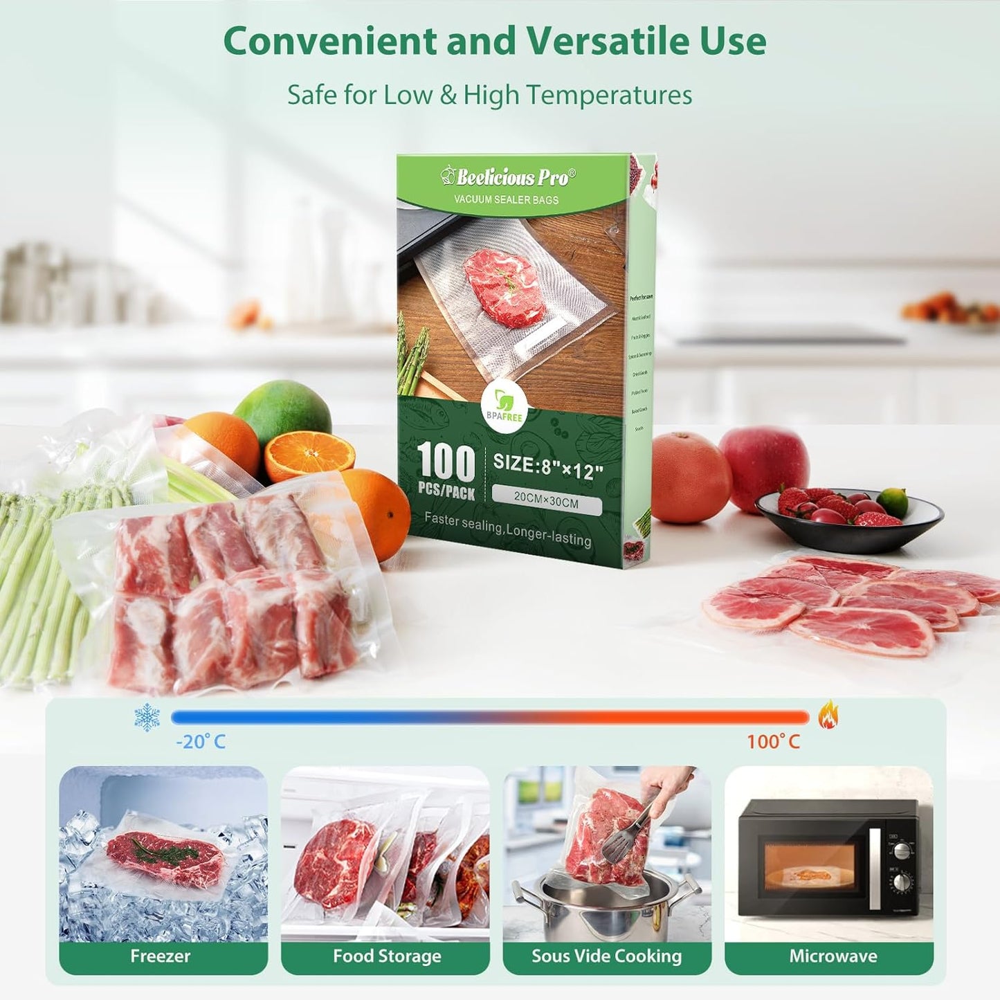 Beelicious Pro Precut Vacuum Sealer Bags for Food Storage 100 Count 8" x 12" with BPA-Free, Heavy Duty, Commercial Vacuum Seal Bags for Sous Vide & Seal a Meal