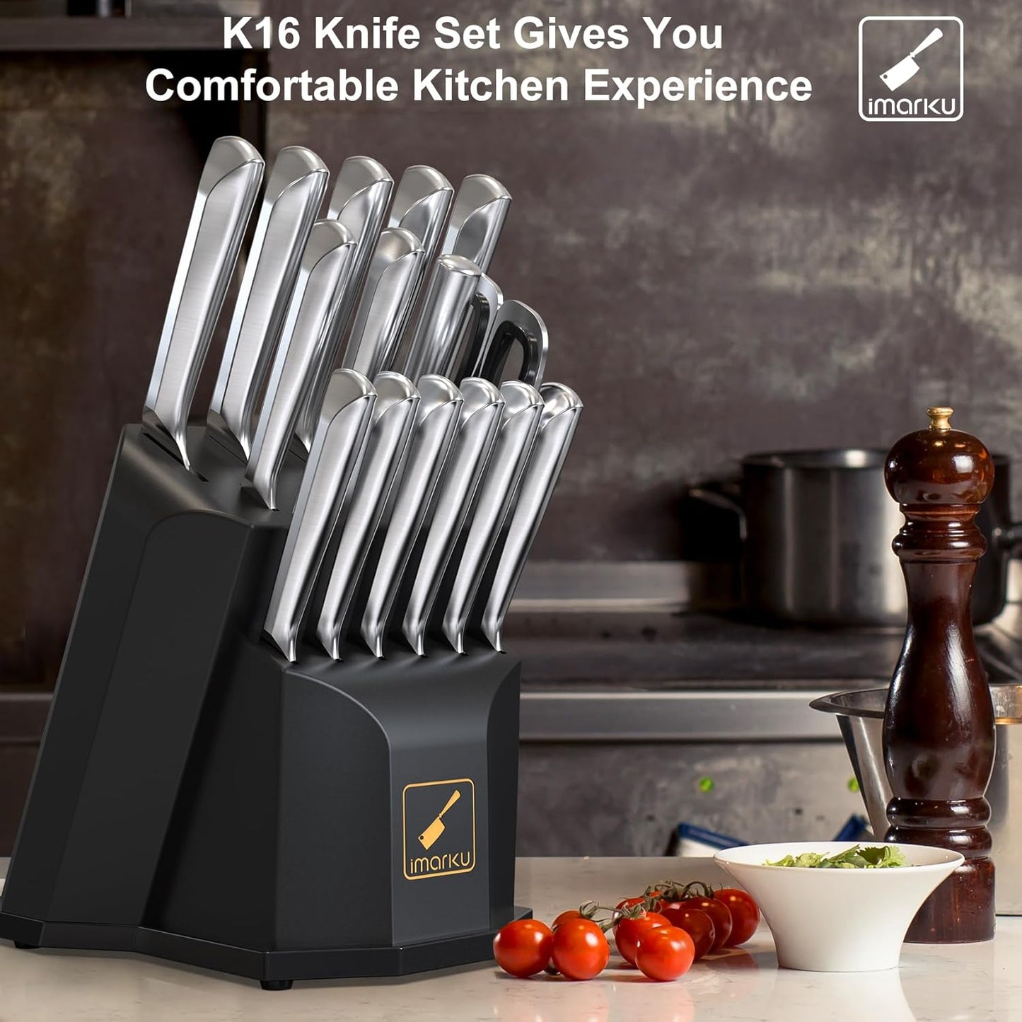 Knife Block Set, imarku 16 Pcs Kitchen Knife Set with Sharpening Rod, High Carbon Stainless Steel Knives Set for Kitchen with Ergonomic Non-Slip Handle, Dishwasher Safe