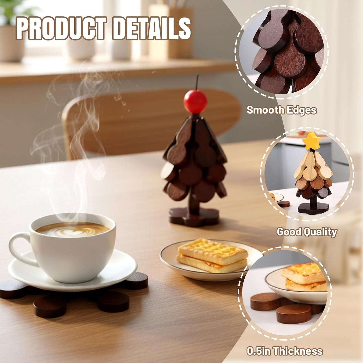Natural Wood Tree Trivet Set, 2026 New Natural Tree Trivet Set 3 Trivets + 1 Stand for Hot Dishes, Foldable Kitchen Wooden for Hot Dishes, Pot, Bowl, Teapot, Hot Pot Holders (A)