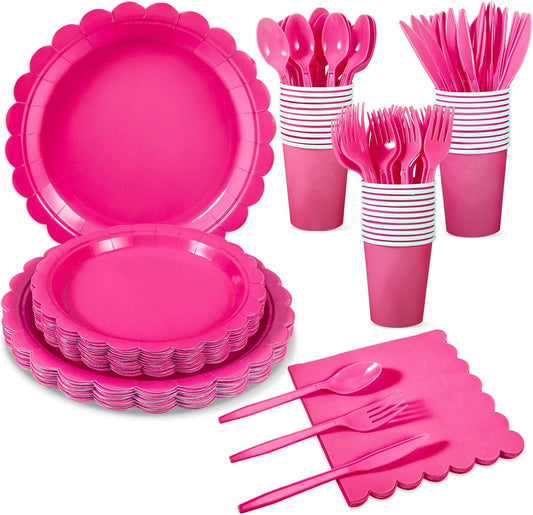175 Pcs Hot Pink Paper Plates and Napkins, 25 Guest Hot Pink Party Supplies Include Scalloped Plates Napkins Cups Plastic Cutlery Set for Birthday, Bridal Shower